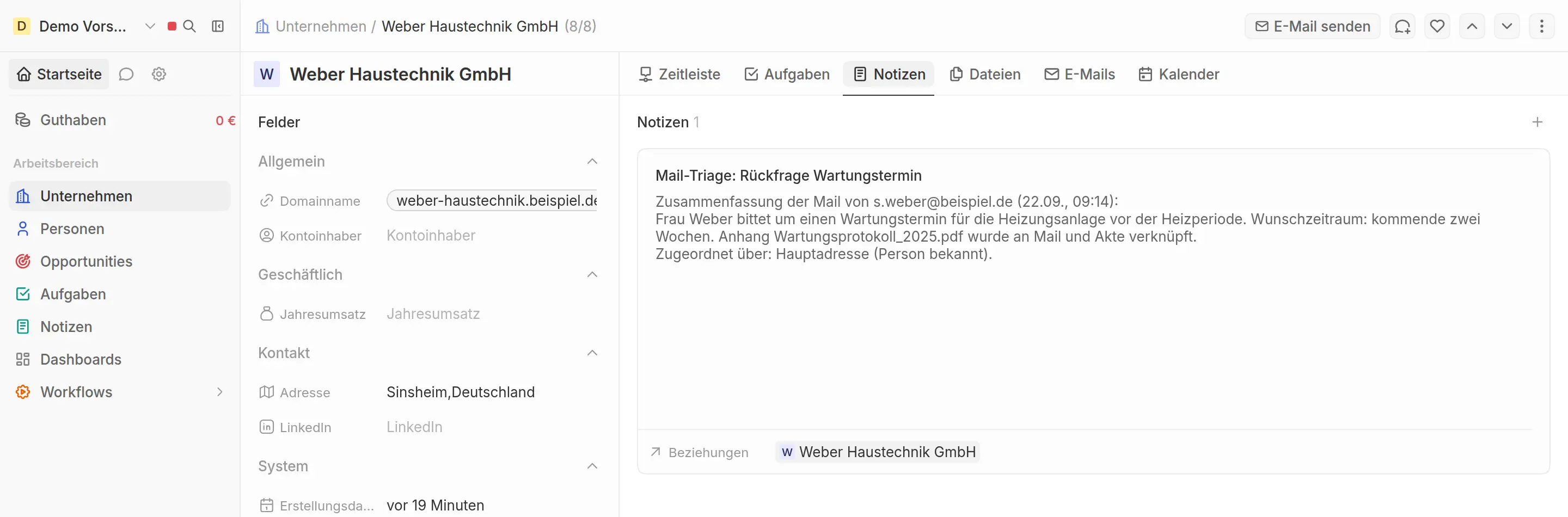 Firmenakte Weber Haustechnik GmbH in SilentCRM mit einer Notiz aus der Mail-Triage, inklusive verknüpftem Anhang