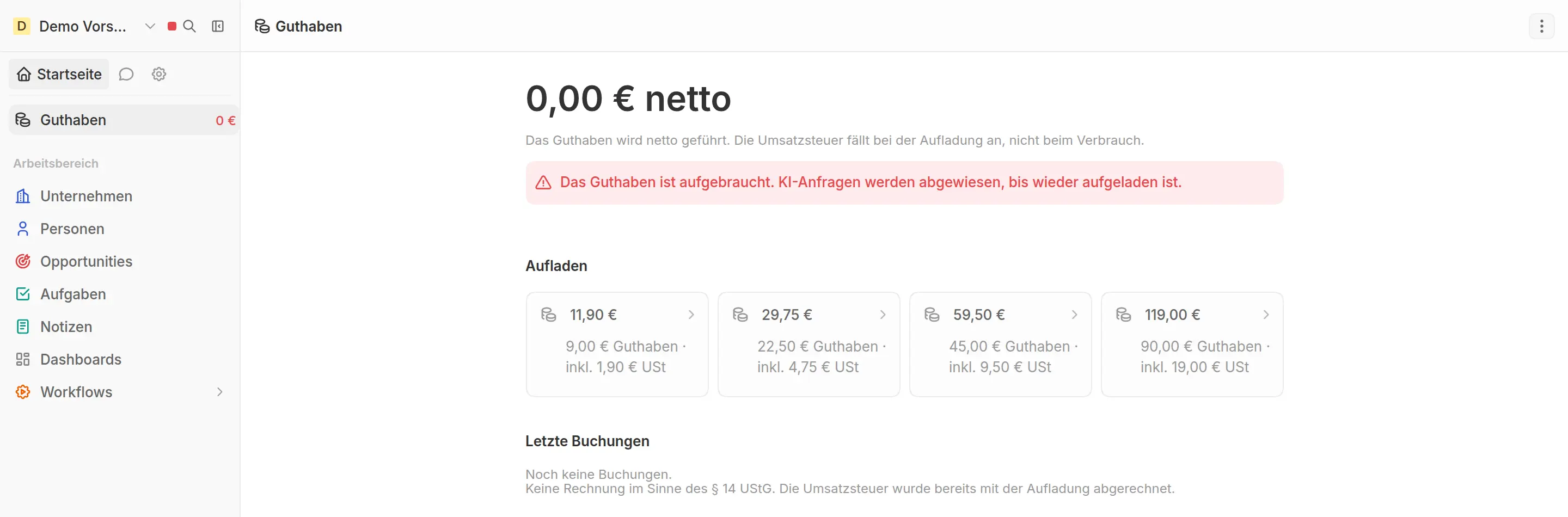 Guthaben-Ansicht in SilentCRM mit Netto-Stand, Aufladepaketen und dem Hinweis, dass KI-Anfragen bei aufgebrauchtem Guthaben abgewiesen werden