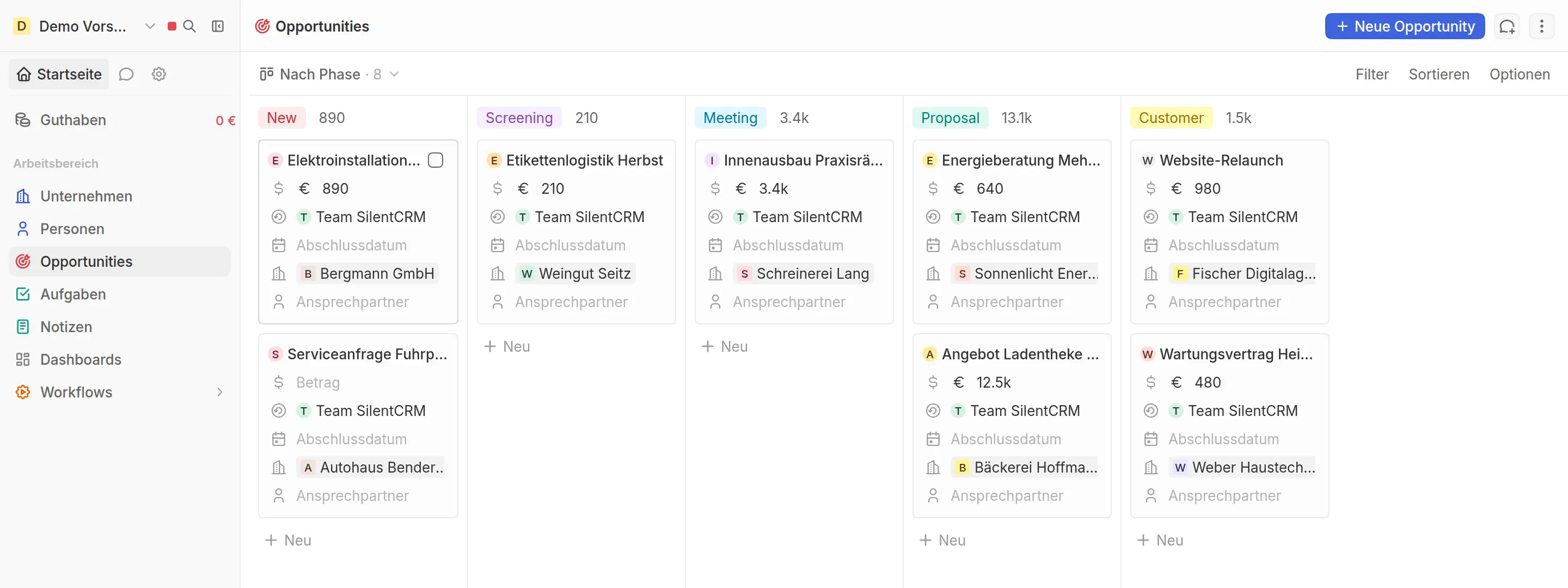 Pipeline-Ansicht in SilentCRM: Chancen nach Phase sortiert, von Neu bis Kunde