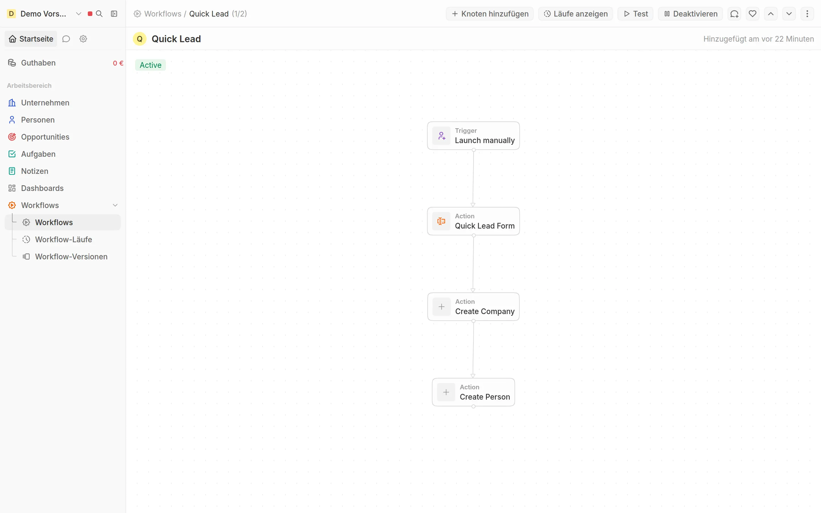 Workflow-Editor in SilentCRM: Ablauf Quick Lead mit den Schritten Formular, Firma anlegen und Person anlegen
