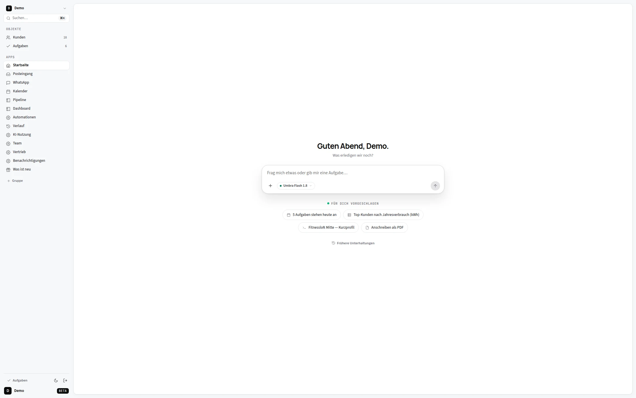 SilentCRM — Startseite mit Assistent